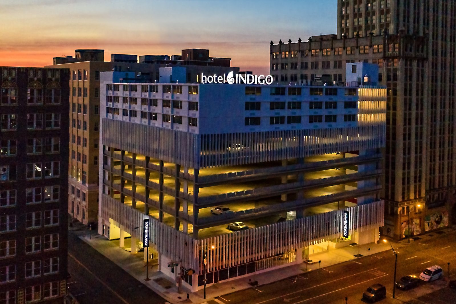 Hotel Indigo at dusk, Memphis.